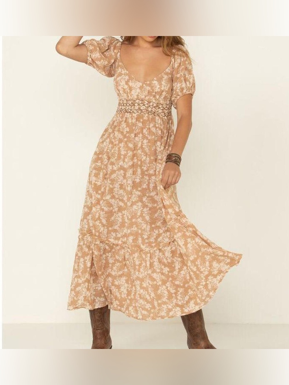 Free People Ellie Neutral Floral Smocked Waist Maxi Dress Sz. S